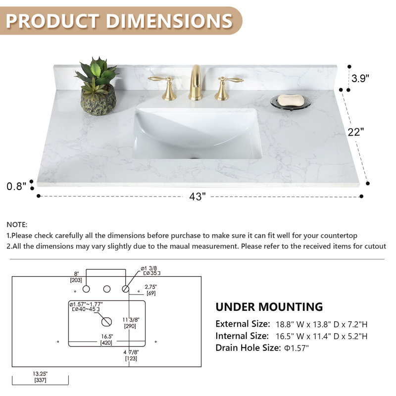 Ceres 43" Grain White Engineered Stone Vanity Top with Sink