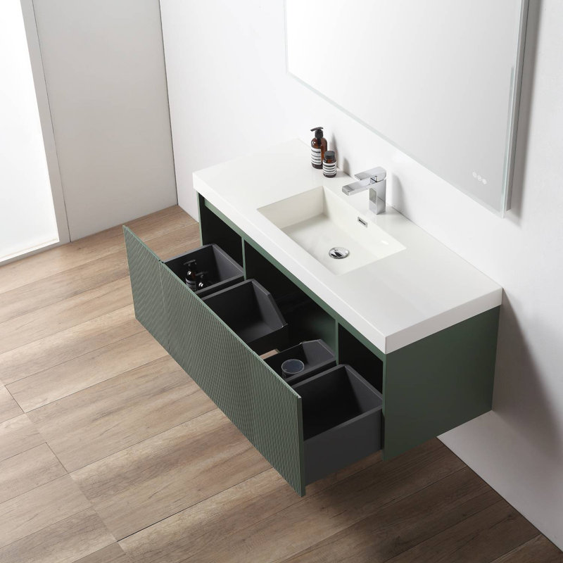 Meuble-lavabo mural 48 po avec lavabo simple en acrylique Lucella - devant cannelé, tiroirs à fermeture en douceur, conception flottante