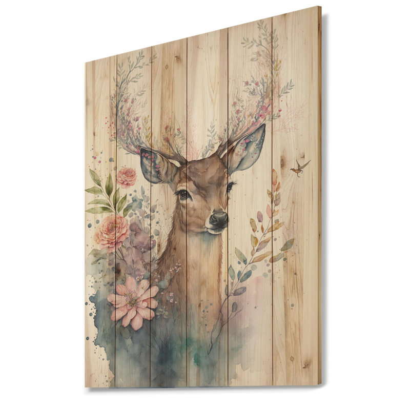 Mignon petit cerf avec des fleurs roses - impression sans cadre sur bois, H 20 po x l 12 po x P 1 po