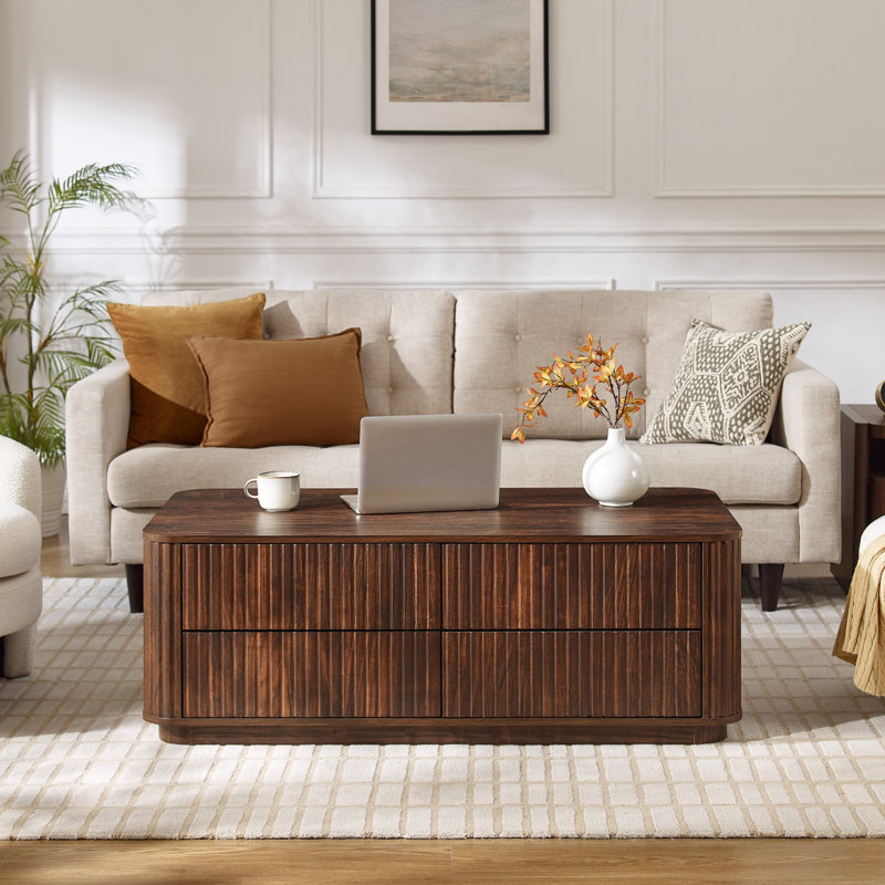 52"W Fluted Coffee Table with 4 Drawers, Dark Walnut