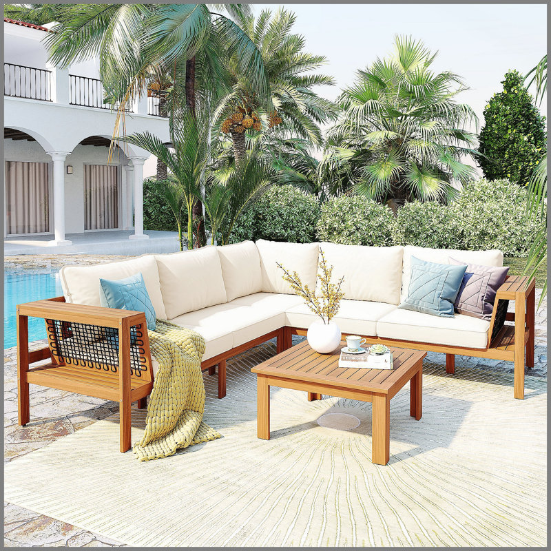 Ensemble de 4 canapés d'extérieur en bois d'acacia, accoudoirs en filet tissé, ensemble de canapé de patio en L avec table basse, ensemble de conversation d'extérieur avec coussins et table d'appoint, aspect couleur teck