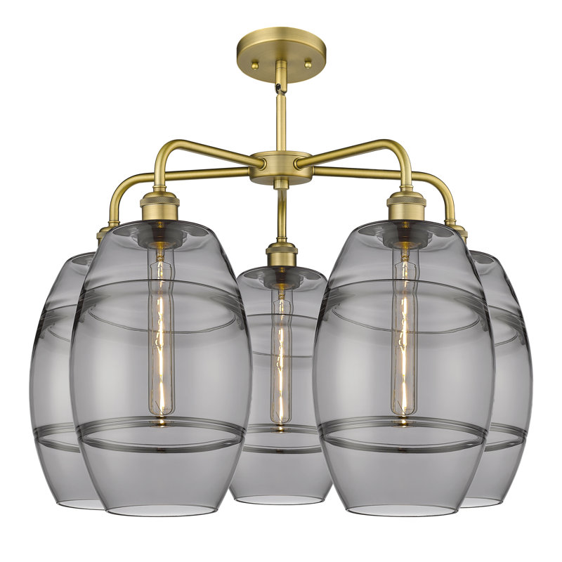Lustre rond / ovale à abat-jour 5 lumières, Gris fumée clair, H 15,38 po x l 26 po x P 26 po, Laiton brossé