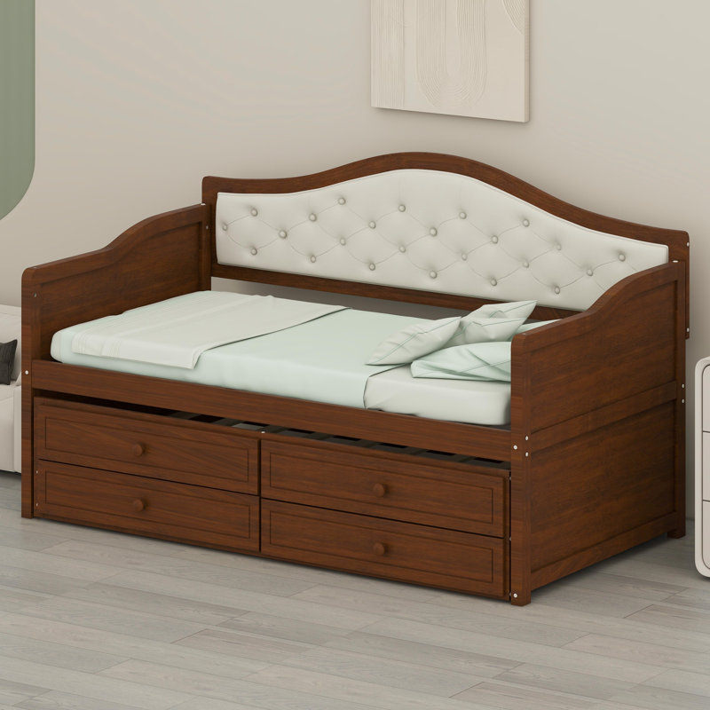 Upholstered Button-Tufted Daybed with Pull-Out Trundle and Storage Drawers, Walnut