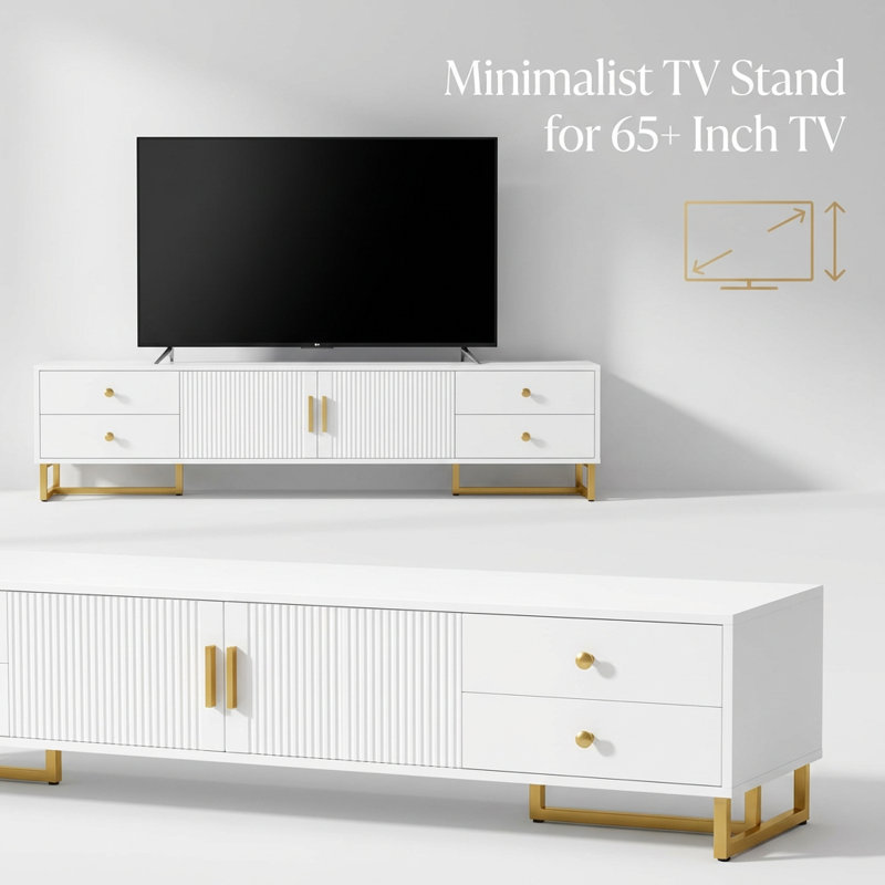 Grand meuble télé moderne avec centre de divertissement avec armoire de rangement et quatre tiroirs pour l'organisation multimédia du salon