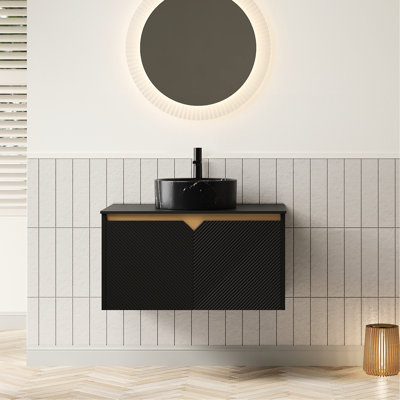 Meuble-lavabo mural noir flottant 30 po avec lavabo en céramique et pierre, comptoir en fritté, portes d'armoire en sergé, mécanisme de fermeture en douceur, lavabo, fermeture en bois massif