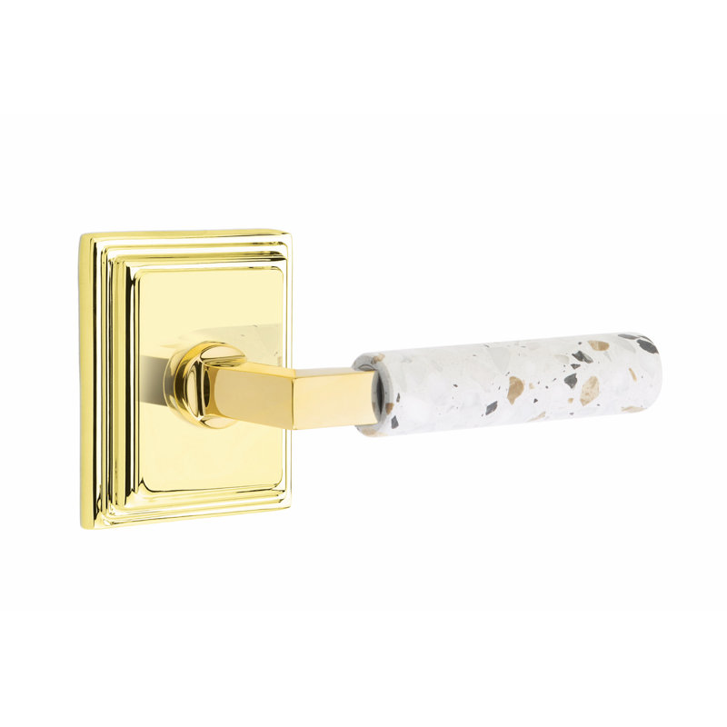 Ensemble de leviers d'intimité Emtek Select, rosette Wilshire, tige carrée en L, poignée en marbre blanc, CF, Droite