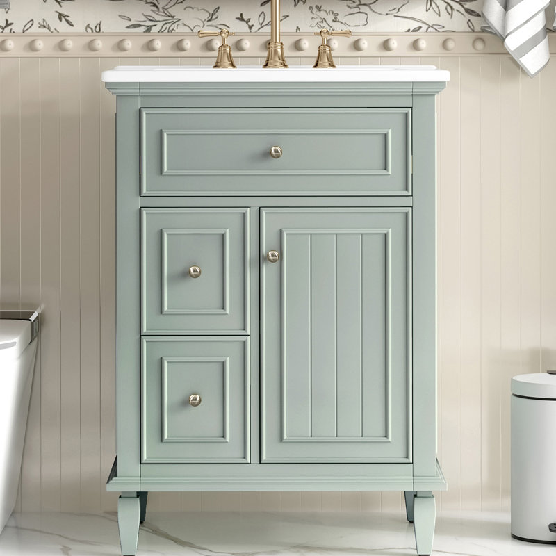 Meuble-lavabo 24 po avec lavabo, meuble-lavabo avec un tiroir rabattable et deux tiroirs, tablette réglable, bois massif et panneau de fibres à densité moyenne, vert