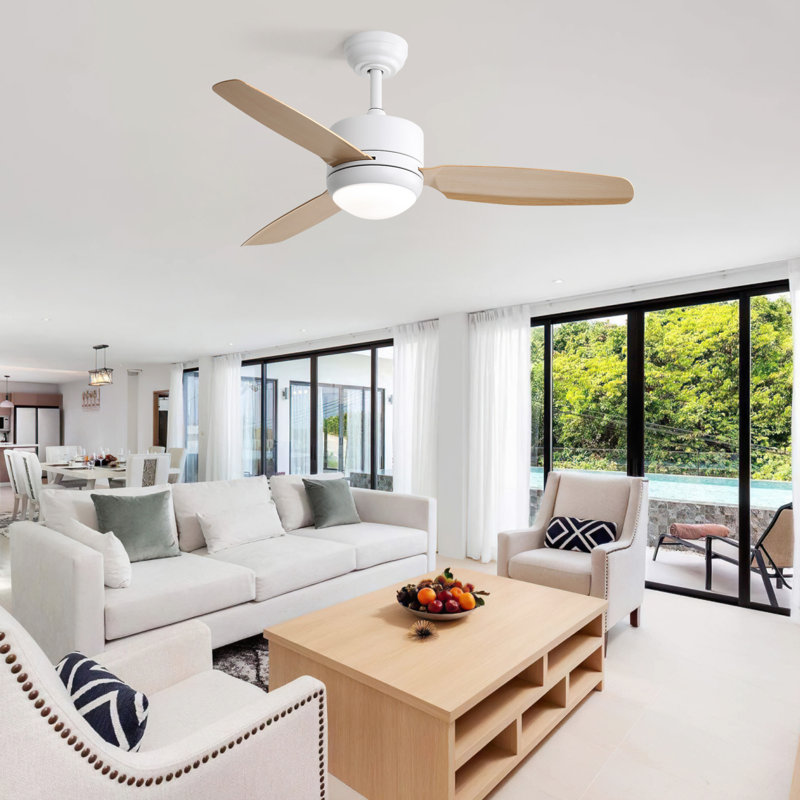 Ventilateur de plafond 46 pouces avec 3 lumières ABS et moteur à 6 vitesses, Blanc, Bois naturel