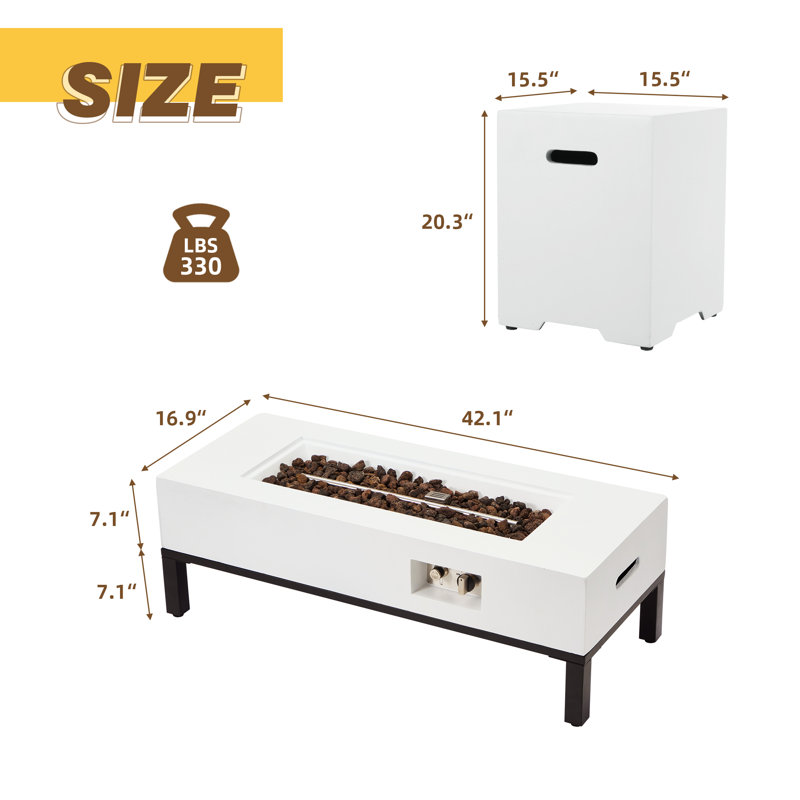 Table d'extérieur rectangulaire 2 pièces pour foyer d'extérieur au propane 42 po avec support de réservoir et tablettes