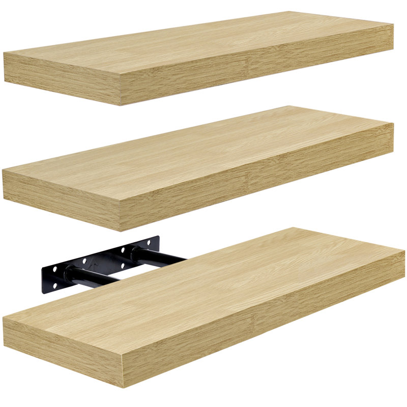  16" Long Floating Shelves with Invisible Mounting Set of 3 in Maple Wood