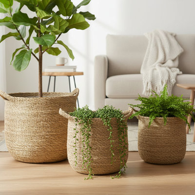 3Pc Round Seagrass Planter With Handle Natural