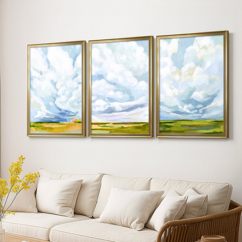 Lucid Skies I - Toile tendue avec châssis sur mesure - 3 pièces, H 27 po x l 39 po, Doré