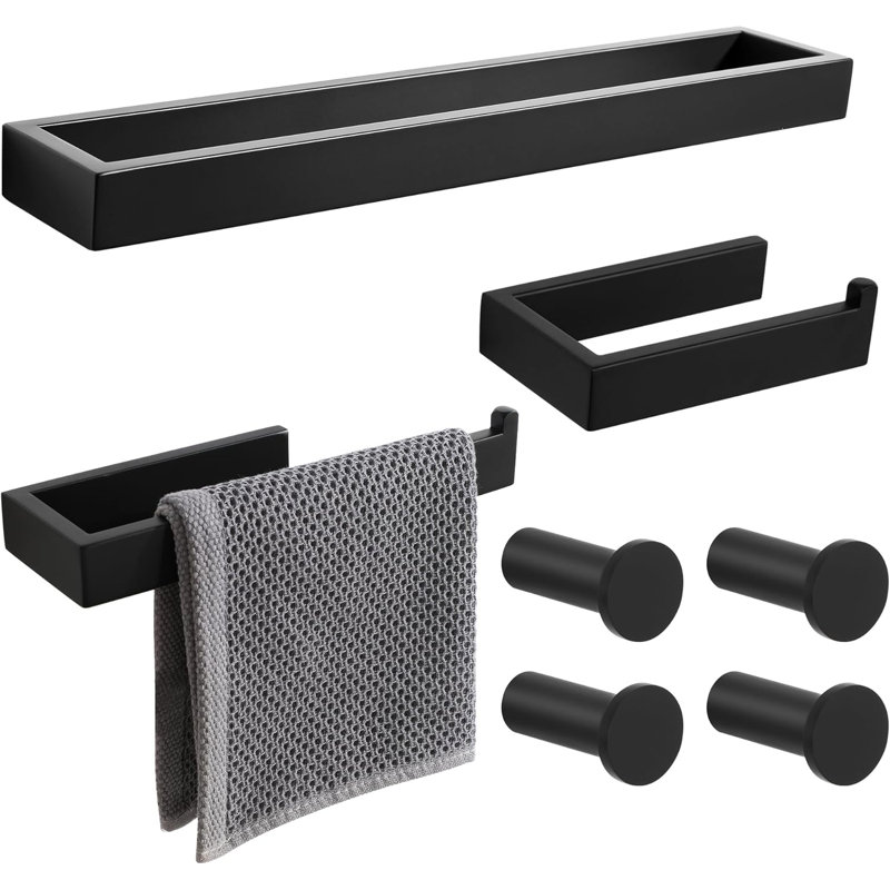 7-Piece Bathroom Hardware Set, SUS304 Stainless Steel Towel Bar, Towel Ring, Toilet Paper Holder & Wall Mount Hooks, Modern Matte Black Finish, Durable Bathroom Accessories Set