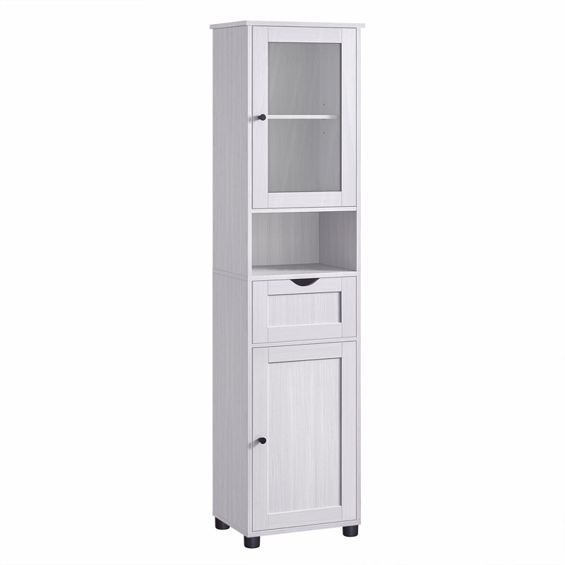 Space Saving Tall Slim Freestanding Bathroom Cabinet with Open Shelf Glass Door Water Resistant Feet, Light Grey