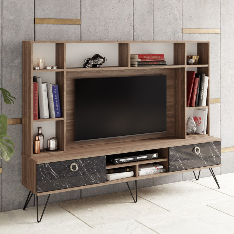 Modern TV Unit with Metal Legs, Walnut & Black Color, 70.9 x 53.4 x 13.9 inches | 100% Melamine Coated Particle Board, 0.7 inches Thickness | 2 Drawers, Numerous Shelves, Wall-Mountable, Stylish & Functional Storage Solution