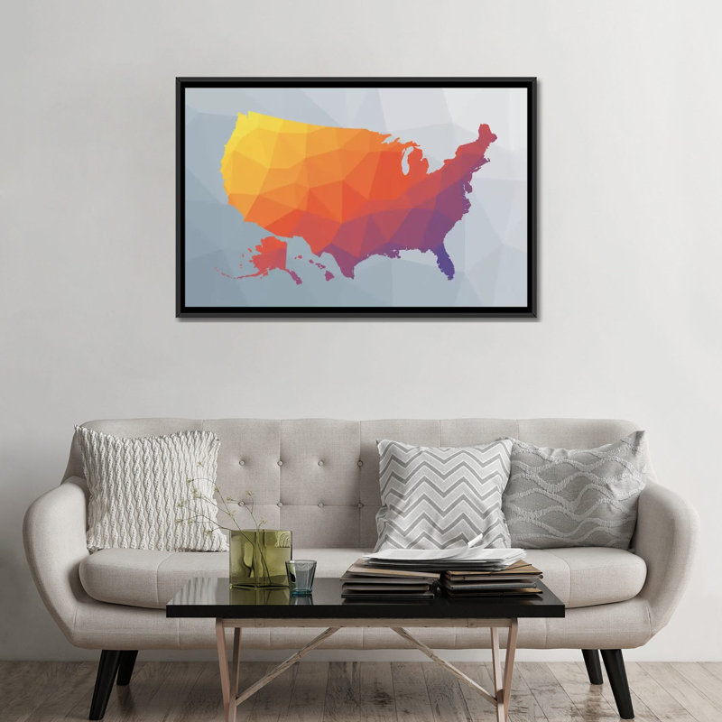 « geo map ii », reproduction d’impression sur toile, H 18 po x l 26 po x P 1,5 po, Toile avec cadre noir, Pas de tapis