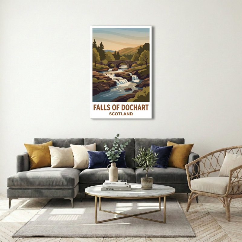 Falls Of Dochart, Scotland - Romantic Highland Waterfall Travel Poster. Giclee Print On Wrapped Canvas. Wall Art, Home Decor - Natural Landmarks, Scotland - Wrapped Canvas Print