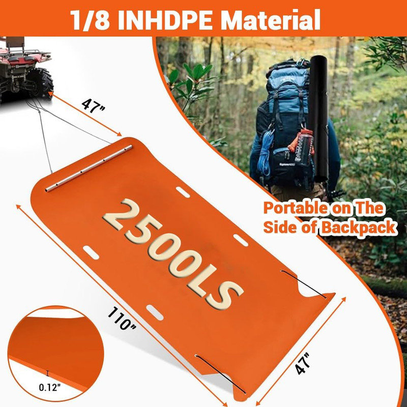 Glissade Yard, 47 po x 110 po, traîneau utilitaire robuste de 2 500 lb, PEHD 1/8 po avec cordes et câble de traction, Orange