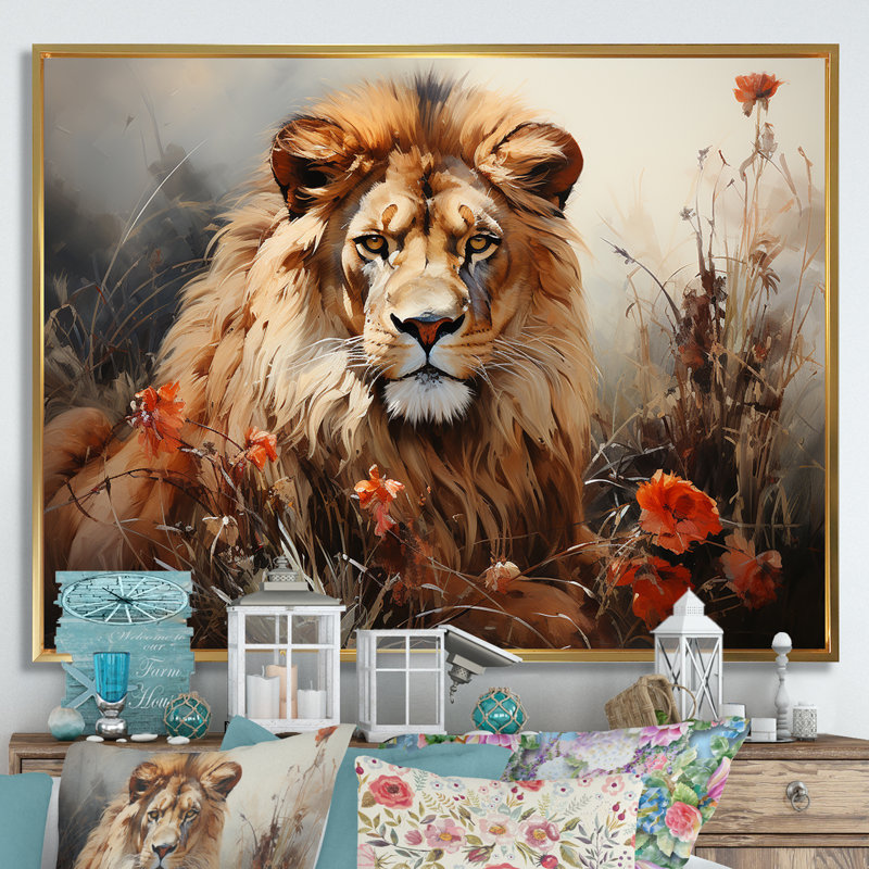 «Lion Wilderness Symphony I» sur toile, Cadre flottant doré, H 34 po x l 44 po x P 1,5 po