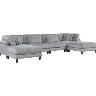 6Pc Modular Sectional With Gray Corduroy Covering - 2 Armless Chairs, Corner Seats, Ottomans And Splendid Pillows Contemporary Alluring