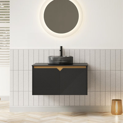 Meuble-lavabo 30 po, meuble de rangement mural en contreplaqué flottant, portes doubles en sergé avec garniture en métal, lavabo rond en verre noir transparent et plateau en pierre frittée noire, noir