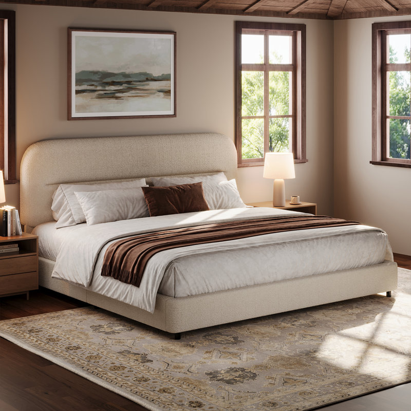 Manfred Platform Bed Frame, Cloud Collection with Boucle Upholstery & Rounded Headboard, Thickened Footboard - King
