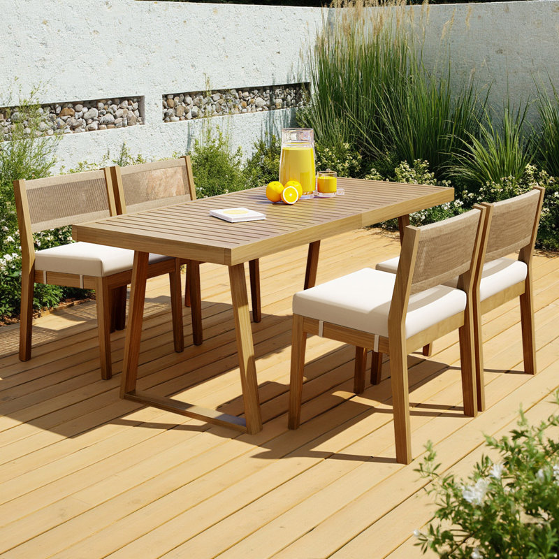 Orquidea 4 - Person Acacia Solid Wood Patio Dining Set Rectangular Table with Cushions Included, Beige