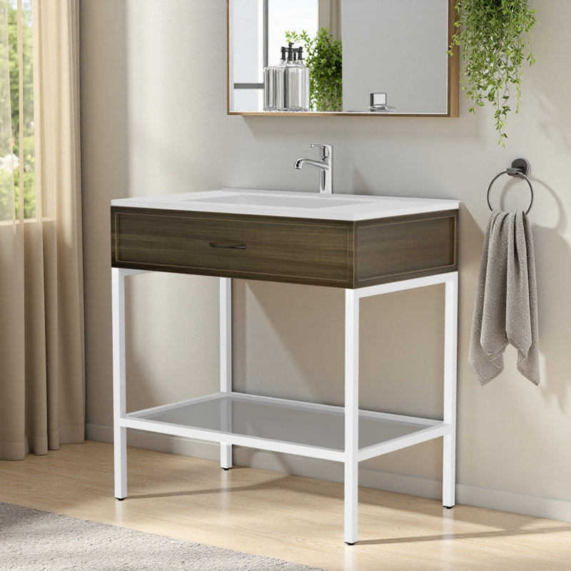 Freestanding Bathroom Vanity With Integrated Engineered Stone Marble Top – Stylish Single Sink Design With Modern Elegance And Functional Storage