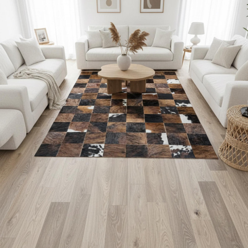 Tapis brun et noir en peau de vache, tapis à carreaux, Rectangulaire 4 pi x 6 pi