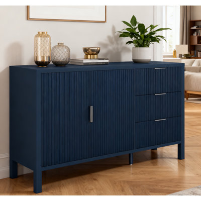 Modern Wave-pattern Sideboard With 3 Drawers, Large Storage Buffet Cabinet With Hooks And Extra Center Leg,suitable For Living Room,entryway,hallway,navy Blue