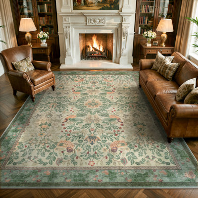  Lahome Sage Green Botanical Floral Washable Area Rug, Vintage Traditional Non-Slip Carpet for Living Room, Dining Room and Bedroom, Cottage Style Floor Covering