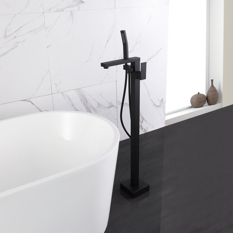 Matte Black Freestanding Floor Mount Tub Faucet with Hand Shower