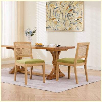 Set of 2 Farmhouse Olive-Green Rattan Dining Chairs, Mid Century Modern with Hardwood Frame