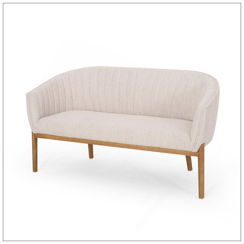 Causeuse de style Mid-Century moderne avec dossier à surpiqûres et pieds en bois d'hévéa brun, parfaite pour des sièges élégants et confortables