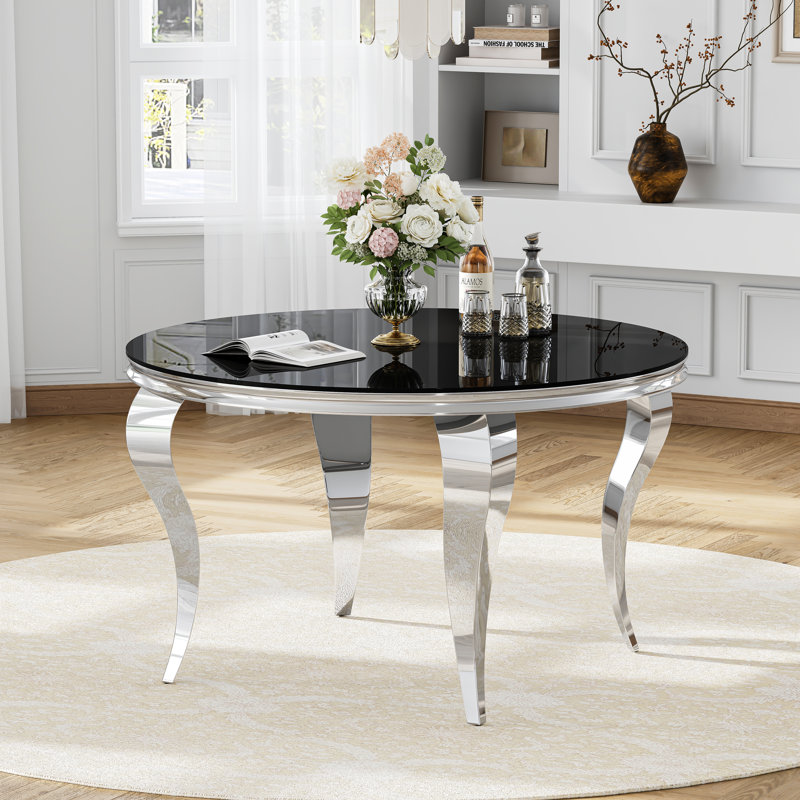 Modern 5-Piece Round Dining Set, 10Mm Black Tempered Glass Dining Table With Mirror Stainless Steel S-Shaped Legs & Velvet Upholstered Dining Chairs With Tufted Backrest And Nailhead Trim