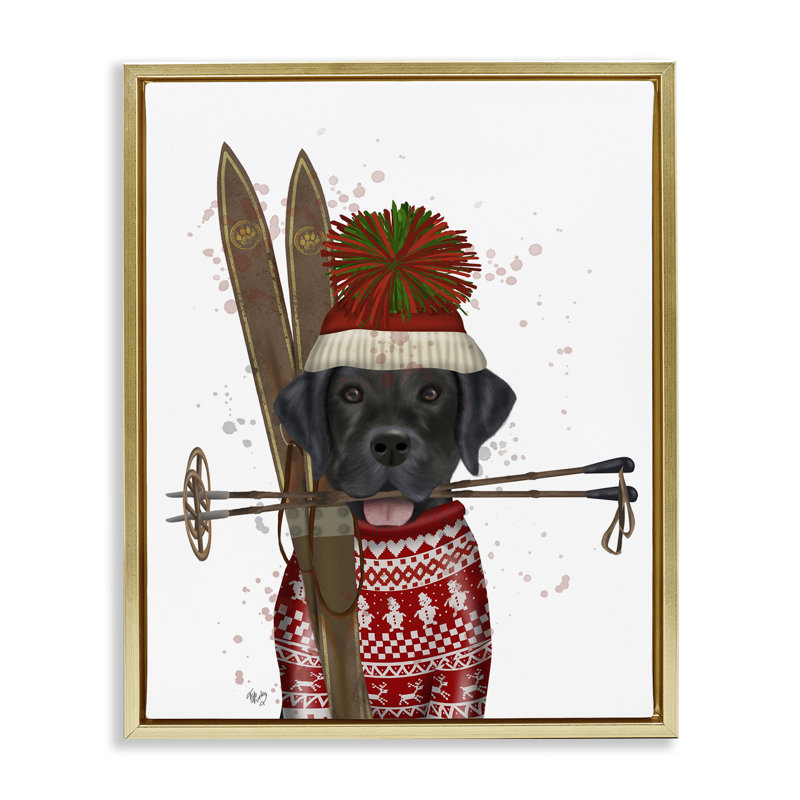 «Black Labrador Skiing» par Fab Funky, Cadre flottant métallique doré, H 21 po x l 17 po