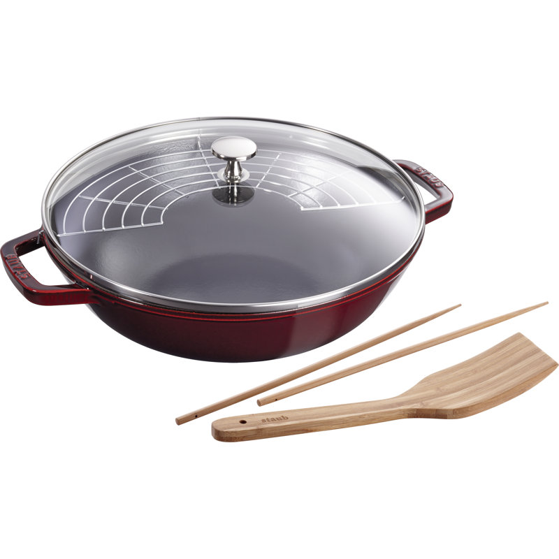 STAUB Cast Iron Non-Stick Wok, 30cm, Grenadine