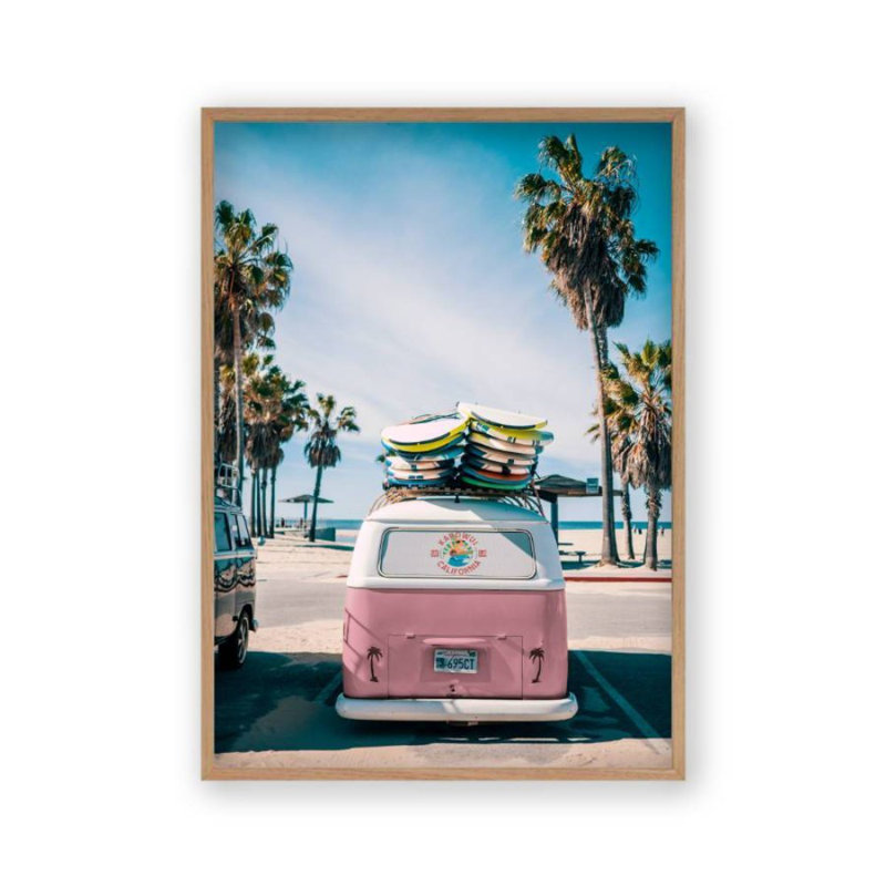 Camper Van Beach Pink - Print, Oak Frame, 41 cm H x 31 cm W