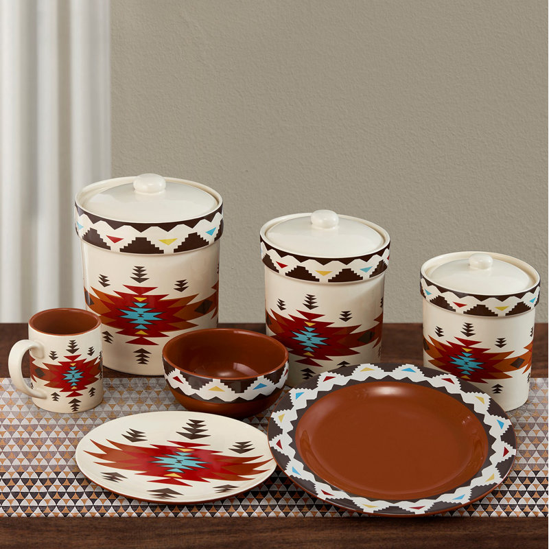 Del Sol Tan/Brown/Red Aztec Print Ceramic Southwestern Style 19 Piece Dinnerware and Canister Set