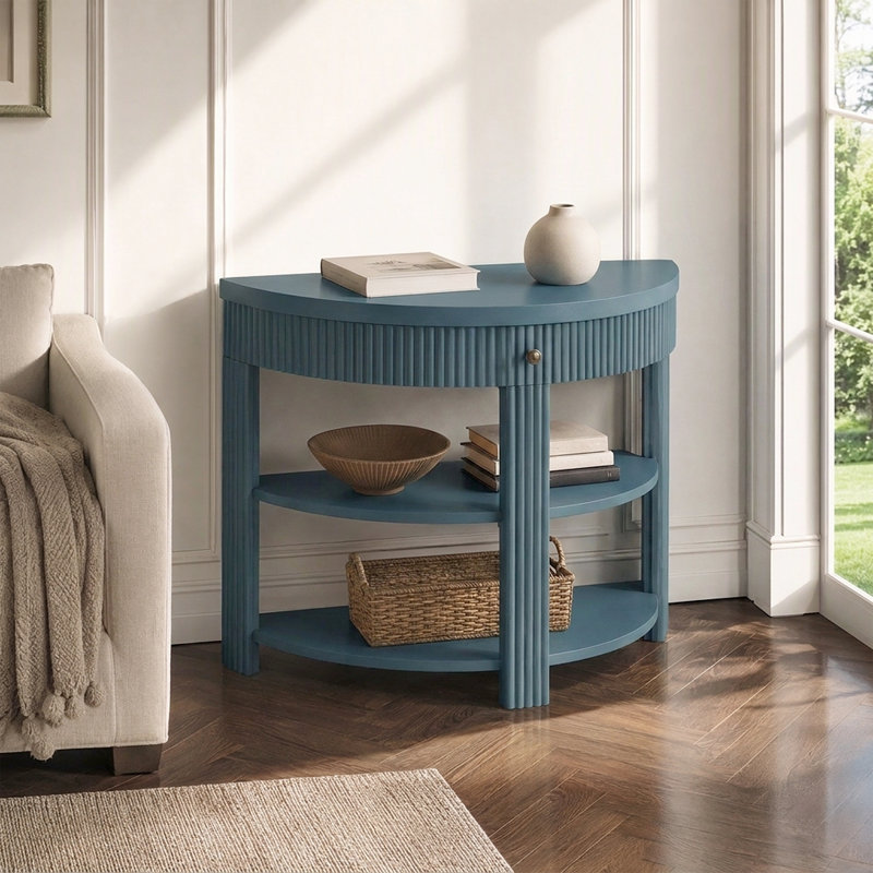 Console décorative - Design en demi-lune cannelée avec tiroir et 2 tablettes ouvertes, Marine, Marine, Marine
