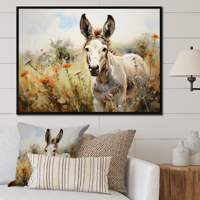 Donkey Flower Meadow Landscape II - âne, art mural, Cadre flottant noir, H 16 po x l 32 po x P 1 po