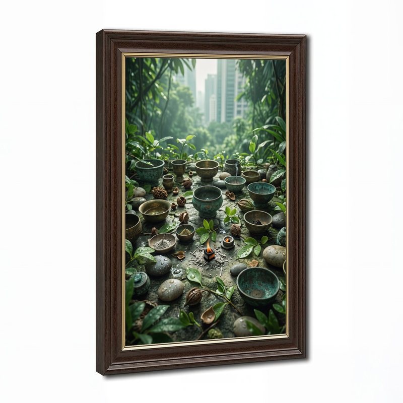 Art mural sur toile bronze avec bols et pierres dans la jungle urbaine, H 24 po x l 16 po