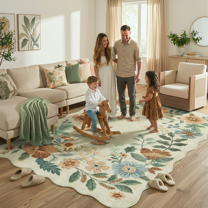Garbrand Machine Washable Floral Farmhouse Area Rug with Non-Slip Backing for Living Room, Dining Room, Bedroom
