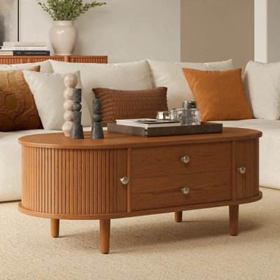 Table basse ovale en chêne massif avec tiroirs et portes coulissantes | Table basse chaleureuse avec rangement Mid-Century