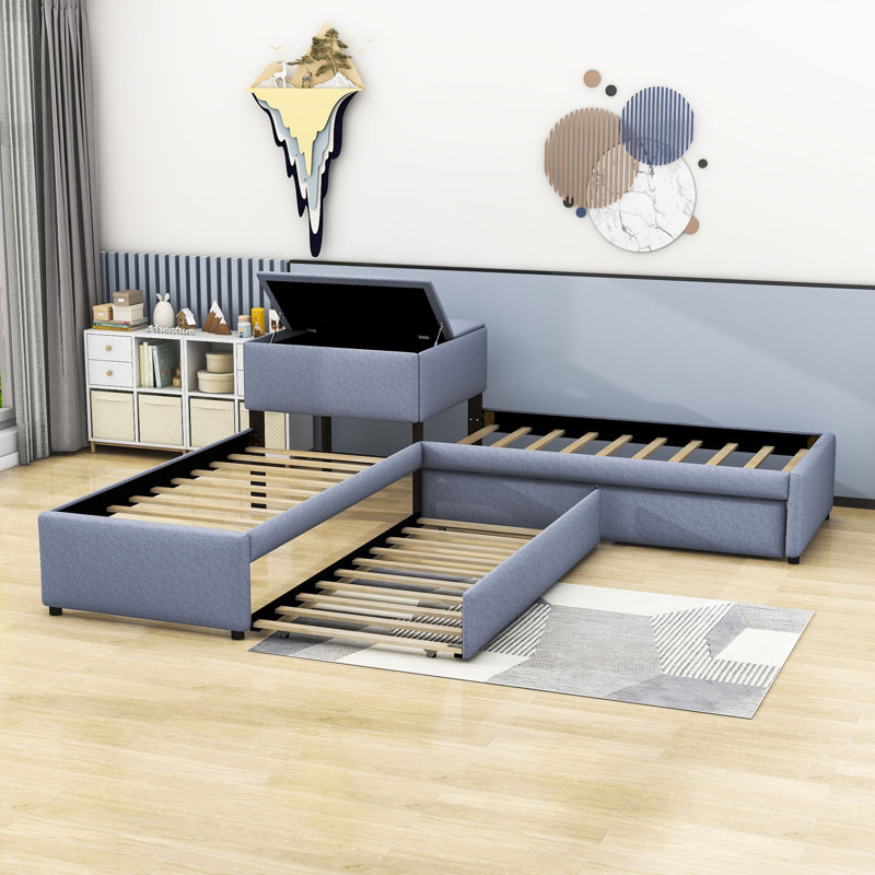 Twin Size 2 Drawers Upholstered L-shaped Platform Beds with Trundle