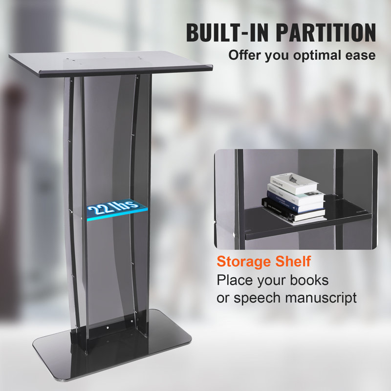 Black Acrylic 47" Podium Stand with Storage Shelf