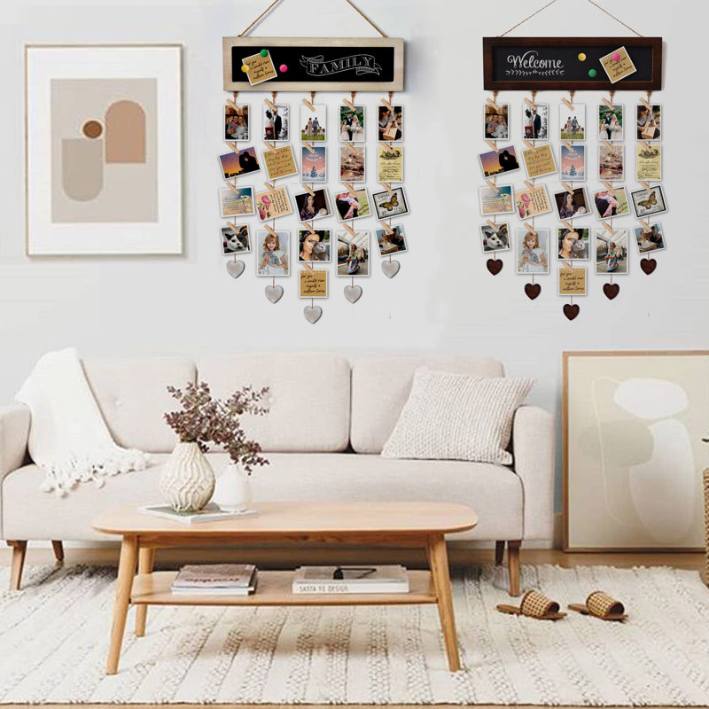 Picture Frames Collage Display Board With 30 Clips - Multi Photos Cards Organizer With Adjustable Twines And Magnetic Blackboard - 15.7X5 Inches