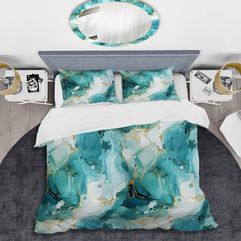 Emerald Oceanic Allure Marble Pattern Floral Duvet Cover, Twin Duvet Cover + 1 Standard Sham