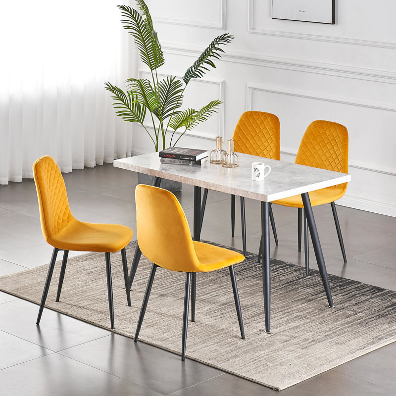 Kaylani Modern Upholstered Dining Chair, Yellow Velvet, Black