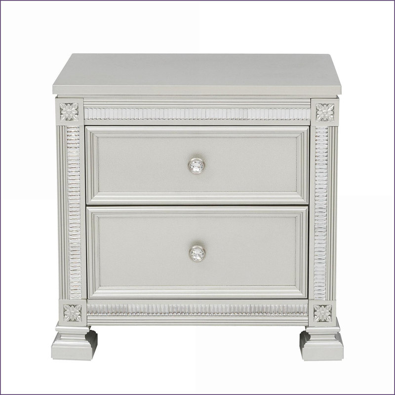 Table de chevet 2 tiroirs Modern avec boutons en faux cristal - Finition argent